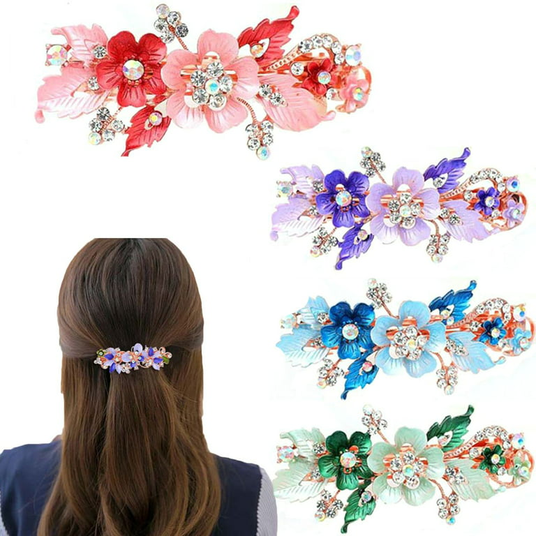 Lawie 4 Pack Fancy Delicate Floral Butterfly Leaf Jeweled Gems Rhinestone Glitter Sparkly Metal Hair Clips Snap Barrettes Grip Hairpins Clamp Thick