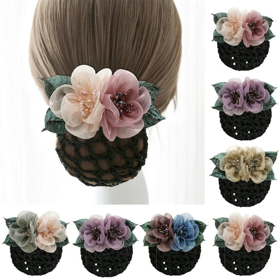 Meidiya Fashion Hair Snood Net Barrette Mesh Flower and Faux Pearl Decor Clip Elastic Bun Bow Headdress for Lady Women Dance Office