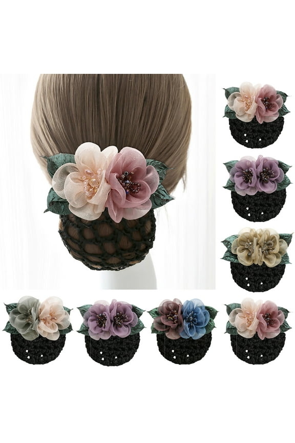 Fashion Hair Snood Net Barrette Mesh Flower and Faux Pearl Decor Clip Elastic Bun Bow Headdress for Lady Women Dance Office