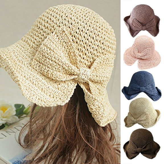 Meidiya Foldable Wide Brim Floppy Straw Beach Sun Hat,Summer Cap with Bowknot for Women Girls,Strap Adjustable