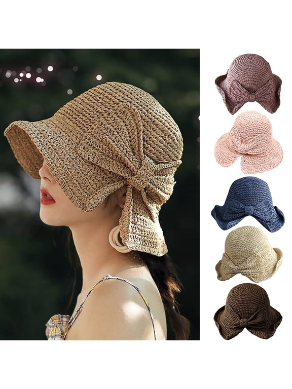 Foldable Wide Brim Floppy Straw Sun Hat for Women Fashion Woven Bow Sun Hat Summer Beach Hat for Women Girl