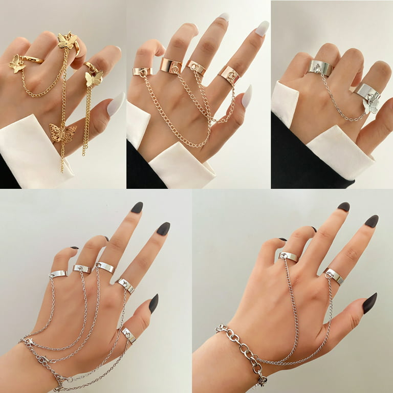 Black Chain Ring Bracelet Set - Adjustable Ring Chain Hand Accessories for Women and Men