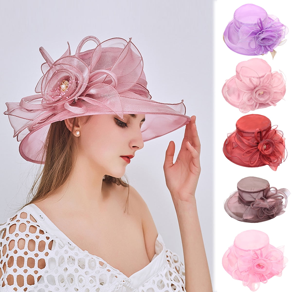 Meidiya Ladies Church Hat Wide Brim Flower Organza Summer Sun Hat for