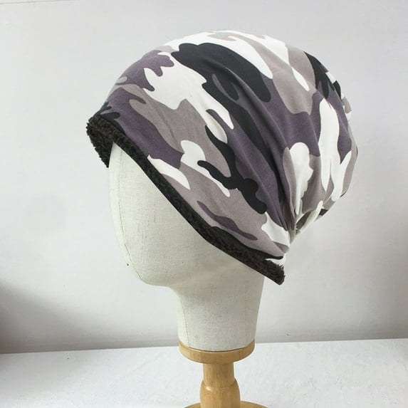 Meidiya Men Winter Hat Camouflage Print Fleece Baggy Elastic Soft Cold-proof Lightweight Breathable Color Matching Tactical Men Beanie for Hunting Riding Fishing