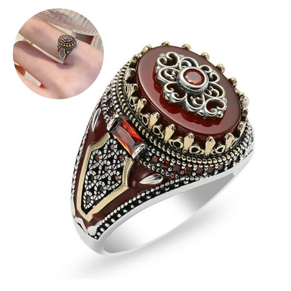 Meidiya Retro Luxury Natural Red Stone Male Turkish Finger Ring Vintage Two-tone Crown Ring Men Banquet Wedding Band Jewelry Valentine's Day Gift