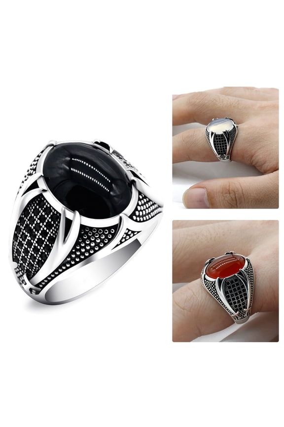 Retro Men Ring Oval Black Red White Zircon Gem Rhinestone Inlaid Alloy Vintage Double Swords Finger Ring Turkish Ring Wedding Band Jewelry Gift(Black)