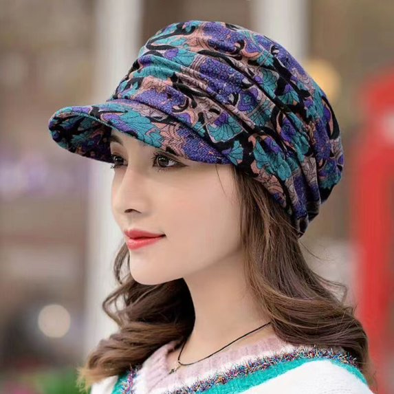 Meidiya Short Brim Women Cap Warm Foldable Earflap Ethnic Style Floral Print Autumn Winter Hat Daily Clothing