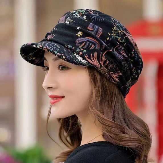 Meidiya Short Brim Women Cap Warm Foldable Earflap Ethnic Style Floral Print Autumn Winter Hat Daily Clothing