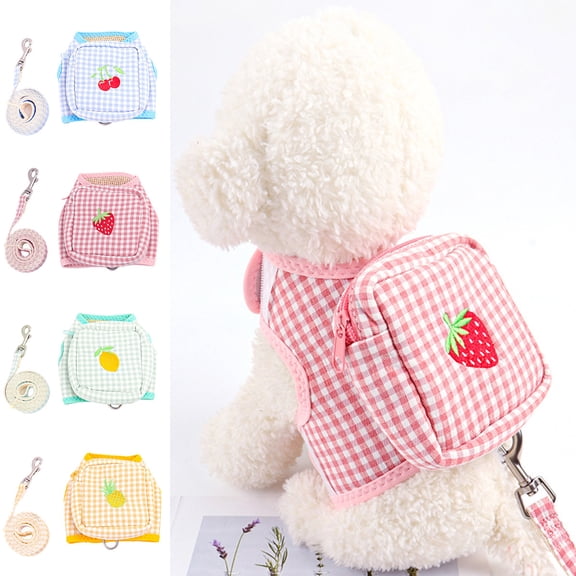 Meidiya Small Dog Harness Leash Set with Bags,Cute Plaid Friut No Pull Dog Harnesses for Small Dogs Cats Soft Breathable Mesh Puppy Dog Vest Harness