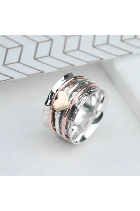 Spinners Rings for Women,Rotating Heart Finger Ring Wide Rotatable Anxiety Relief Double Color Jewelry Vintage Plating Ring Wedding Promise Band Rings Size 5-11
