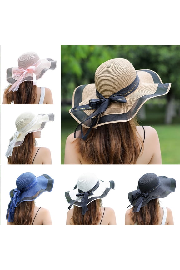 Summer Women Straw Sun Hat Bowknot Wide Brim Floppy Sun Visor Hats Outdoor UPF 50+ Sun Protection Straw Beach Hat
