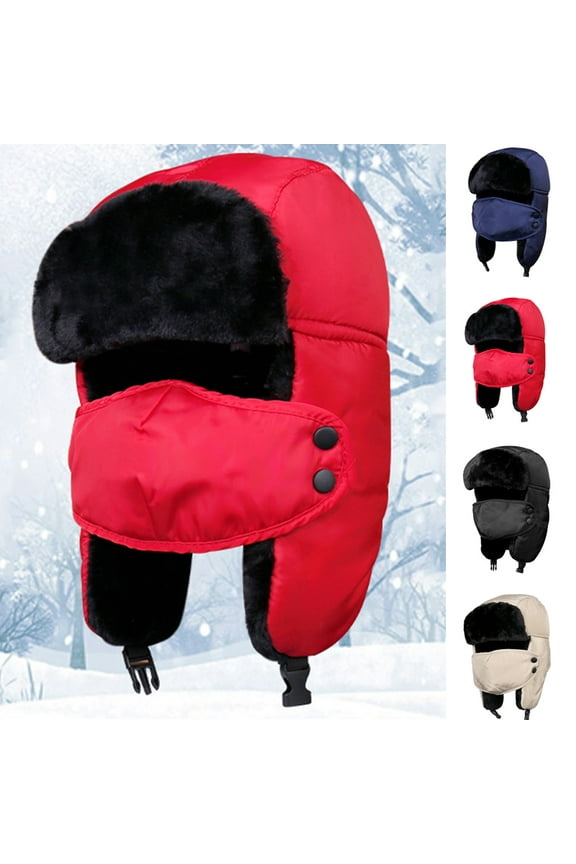 Unisex Trapper Hat with Mask Winter Windproof Trooper Russian Warm Hat with Ear Flaps Ushanka Bomber Plush Hats for Men Women