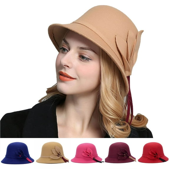 Meidiya Women Solid Color Winter Hat 100% Wool Cloche Bucket with Bow Accent