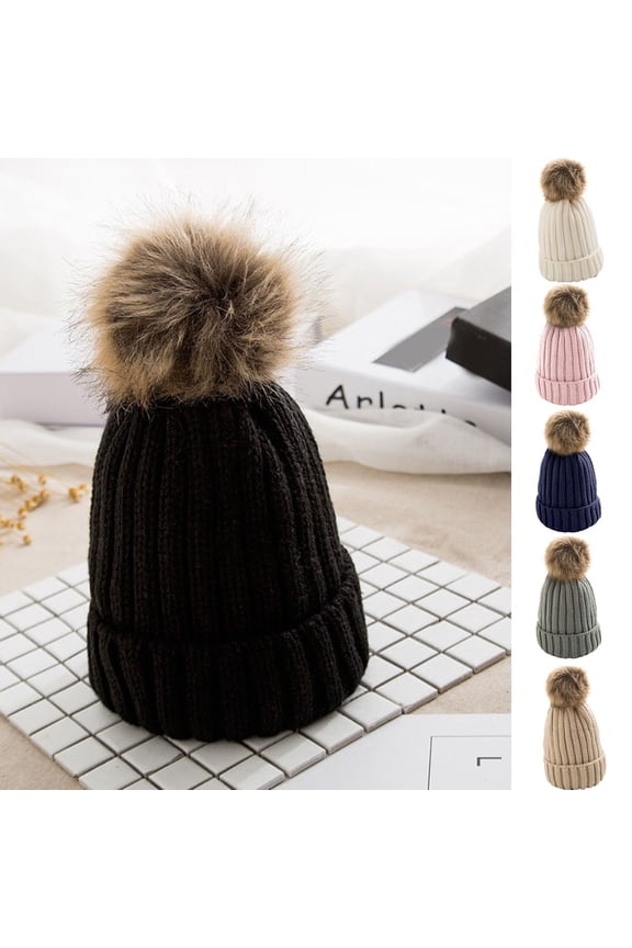 Women's Winter Knitted Soft Ski Cuff Beanie Cap with Pom Pom Warm Thick Slouchy Cable Knit Skull Hat Ski Cap for Daily Wear