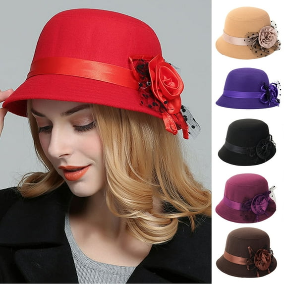 Meidiya Womens Vintage 1920s Bucket Cloche Hat with Flower Winter Wool Bowler Hat Vintage Cloche Round Hat for Party Wedding