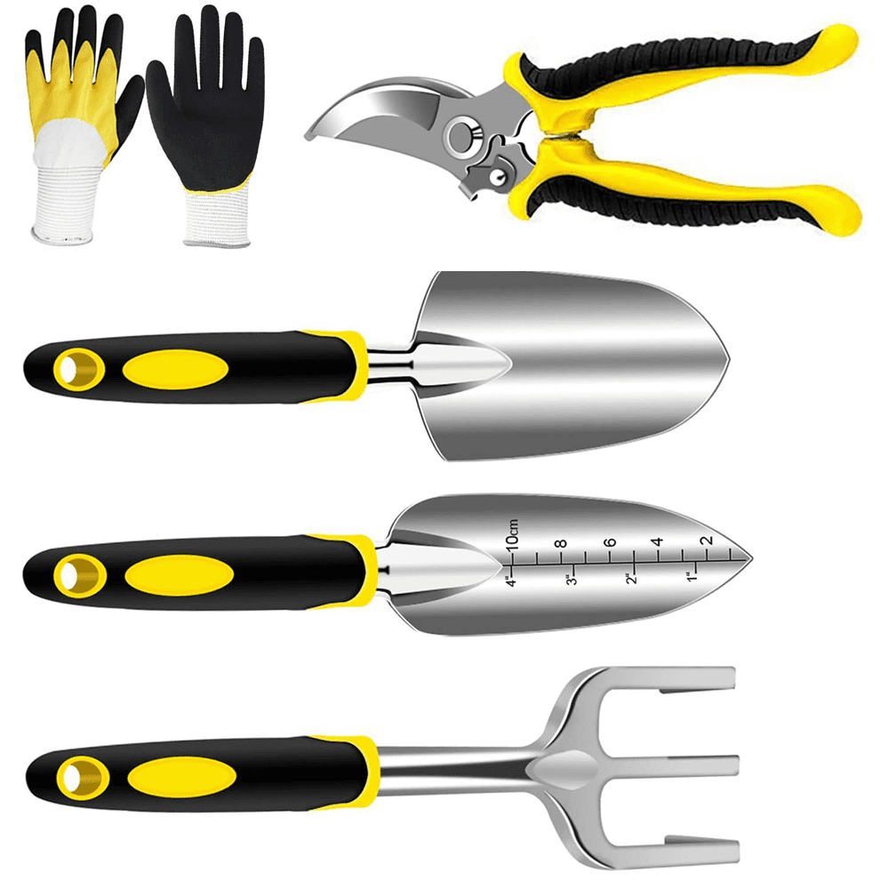 Meidong Garden Tools Set 5 Piece Floral Heavy Duty Gardening Tools with Pruning Shears / Hand Trowel / Transplanter / Hand Rake / Gardening Gloves, Delicate Garden Gift