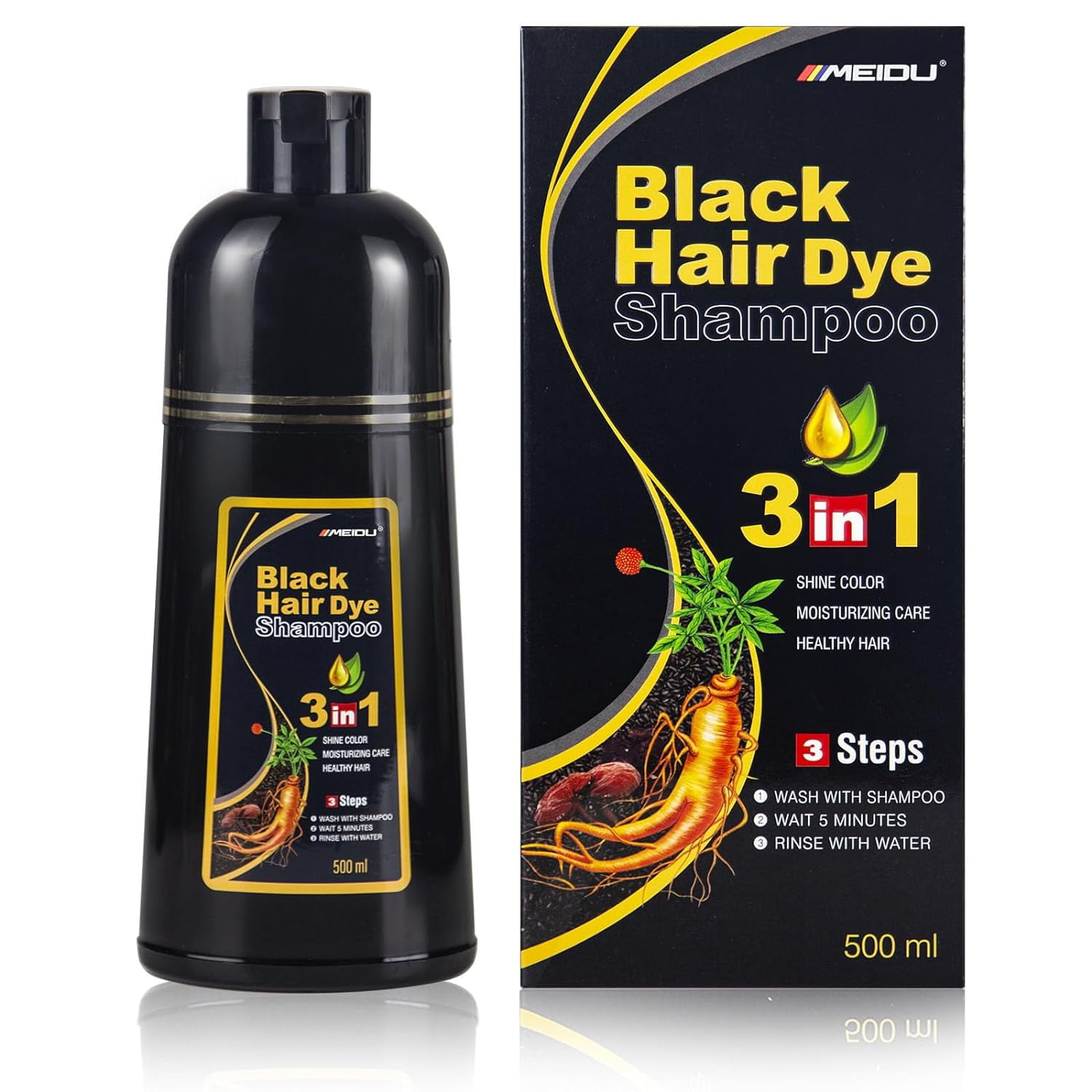 Meidu Black Hair Dye Shampoo 3 in 1 for Women & Men 100% Gray Hair Coverage - Herbal Ingredients -Champu Con Tinte Para Canas