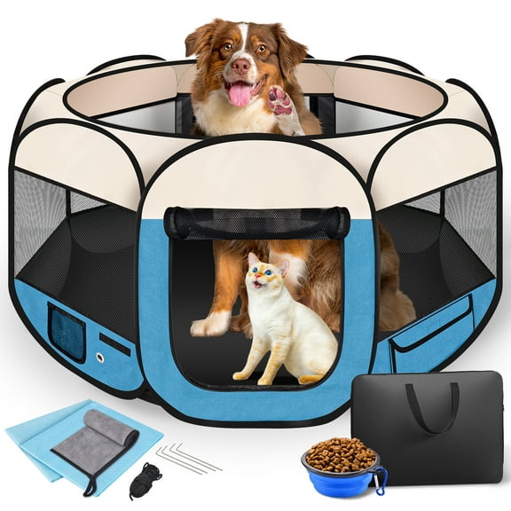 Meidum Pet Playpen for Dogs & Cats, 36"/ 91CM Diameter 23"/60CM Height Pet Playpens Foldable Portable Indoor Outdoor Exercise Pen with Carrying Case for Cat Puppy Rabbit, Blue