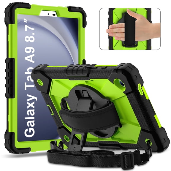 Case for Samsung Galaxy Tab 8.7 inch A11 & A9, Heavy Duty Shockproof Cover with 360 Stand & Strap, Black Olivine