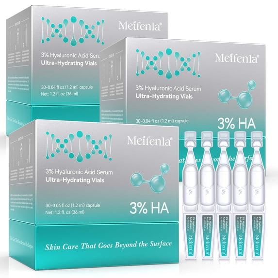 Meifenla 3% Hyaluronic Acid Serum for Face, 4D Multi-Layer Hydration, Sterile Single-Use Vials, 30 Count(3Pack)