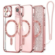Magnetic Case Designed for iPhone 15, [Compatible with MagSafe] [Wrist Strap & glitter card] Full Camera Lens Protection Case Designed for iPhone 15 6.1'' for Women Girls, Rose Gold