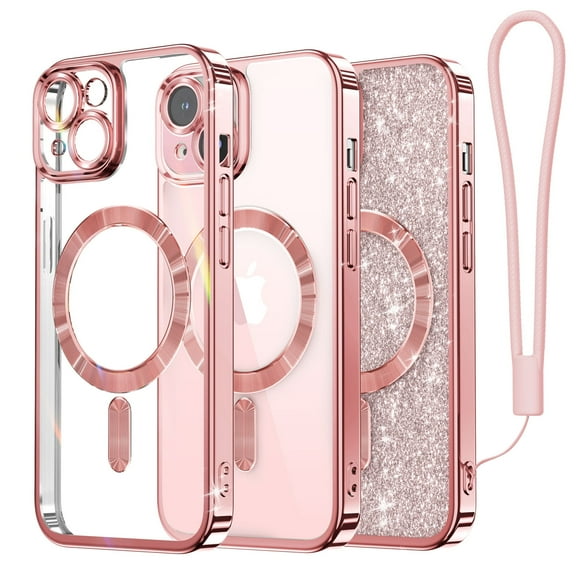 Magnetic Case Designed for iPhone 15, [Compatible with MagSafe] [Wrist Strap & glitter card] Full Camera Lens Protection Case Designed for iPhone 15 6.1'' for Women Girls, Rose Gold