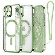 Magnetic Case Designed for iPhone 15, [Compatible with MagSafe] [Wrist Strap & glitter card] Full Camera Lens Protection Case Designed for iPhone 15 6.1'' for Women Girls, Green