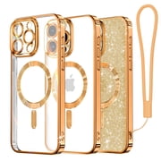Magnetic Case Designed for iPhone 15 Pro, [Compatible with MagSafe] [Glitter Card & Wrist Strap] Full Camera Lens Protection Designed for iPhone 15 Pro Case Women Girls, Brassy