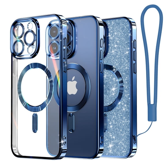 Magnetic Case Designed for iPhone 15 Pro, [Compatible with MagSafe] [Glitter Card & Wrist Strap] Full Camera Lens Protection Designed for iPhone 15 Pro Case Women Girls, Deep Blue