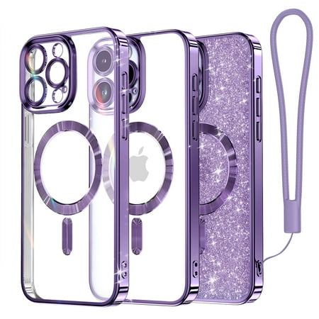 Magnetic Case Designed for iPhone 15 Pro, [Compatible with MagSafe] [Glitter Card & Wrist Strap] Full Camera Lens Protection Designed for iPhone 15 Pro Case Women Girls, Purple
