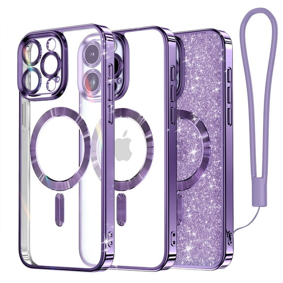 Magnetic Case Designed for iPhone 15 Pro, [Compatible with MagSafe] [Glitter Card & Wrist Strap] Full Camera Lens Protection Designed for iPhone 15 Pro Case Women Girls, Purple