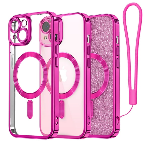 Nagnetic Case for iPhone 15 Plus, [Compatible with MagSafe] [Wrist Strap & glitter card] Full Camera Lens Protection Case for iPhone 15 Plus 6.7'' for Women Girls, Hot Pink