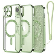 MEIFIGNO iPhone 15 Plus MagSafe Compatible Glitter Soft Shell Back Cover Cell Phone Case with Wrist Strap, Glitter Card for Apple iPhone 15 Plus, Green