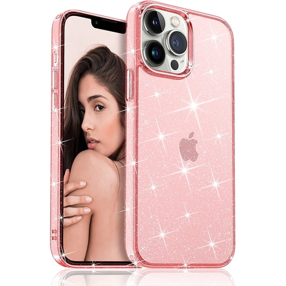 Meifigno Compatible with iPhone 13 Pro Case 6.1 Inch, Hard Back with Soft TPU Bumper Shockproof Crystal Glitter Protective Phone Case for Women Girls, Sparkle Pink
