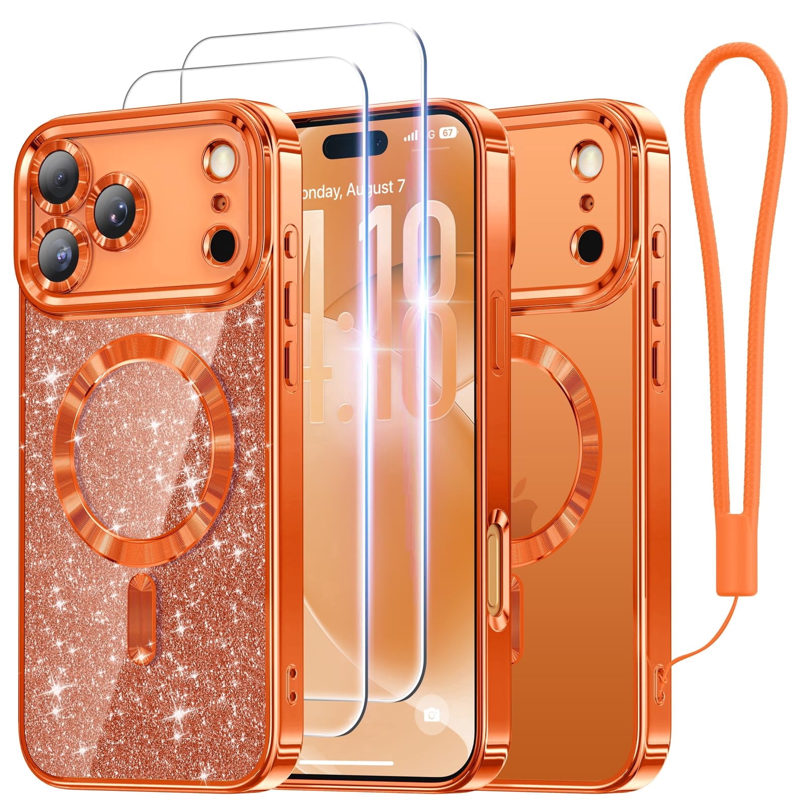 Meifigno Designed for iPhone 17 Pro Case 6.3", [Glitter Card] [Compatible with MagSafe] [2X HD Screen Protectors] Surround Raised Lens Protection for 17 Pro Phone Case for Women, Cosmic Orange