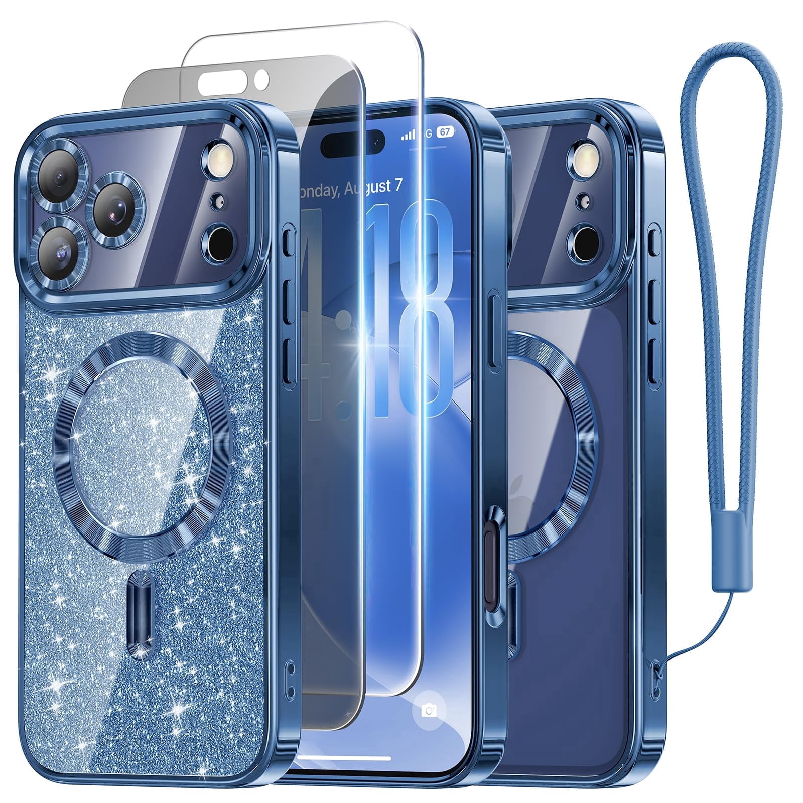 Meifigno Designed for iPhone 17 Pro Case 6.3", [Glitter Card] [Compatible with MagSafe] [1HD +1X Privacy Screen Protectors] Surround Raised Lens Protection for 17 Pro Phone Case for Women, Deep Blue