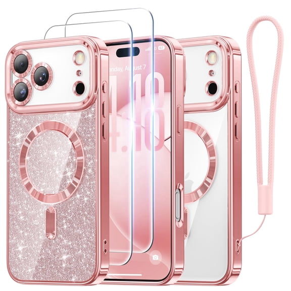 Meifigno Designed for iPhone 17 Pro Case 6.3", [Glitter Card ][Compatible with MagSafe][2X HD Screen Protectors] Surround Raised Lens Protection for 17 Pro Phone Case for Women, Rose Gold
