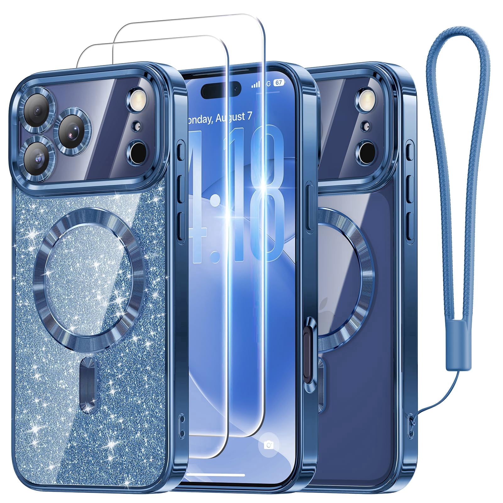Meifigno Designed for iPhone 17 Pro Case 6.3", [Glitter Card] [Compatible with MagSafe] [2X HD Screen Protectors] Surround Raised Lens Protection for 17 Pro Phone Case for Women, Deep Blue