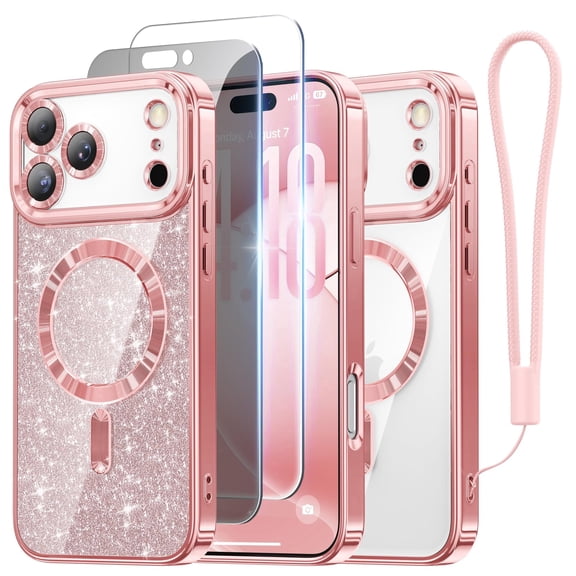 Meifigno Designed for iPhone 17 Pro Case 6.3", [Glitter Card] [Compatible with MagSafe] [1HD +1X Privacy Screen Protectors] Surround Raised Lens Protection for 17 Pro Phone Case for Women, Rose Gold