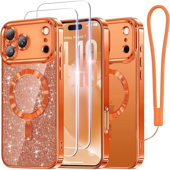 Meifigno Designed for iPhone 17 Pro Max Case 6.9", [Glitter Card & Wrist Strap] [Compatible with MagSafe] [2X HD Screen Protectors] Surround Raised Lens Protection for 17 ProMax Case, Cosmic Orange