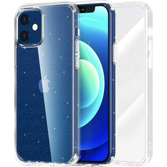 Meifigno Glitter Compatible with iPhone 12 Mini Case, Hard PC with Soft TPU Edge, [Military Level Protection][Green Materials], Clear Case Designed for iPhone 12 Mini 5.4" 2020, Glitter Clear