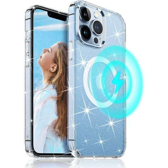 Meifigno Glitter Magnetic Case Designed for iPhone 13 Pro Max 6.7" Compatible with Magsafe, Crystal Bling Shockproof Protective Phone Case for Women Girls, Sparkle Clear