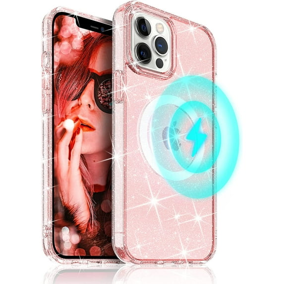 Meifigno Glitter Magnetic Case Designed for iPhone 13 Pro Max 6.7" Compatible with Magsafe, Crystal Bling Shockproof Protective Phone Case for Women Girls, Sparkle Pink
