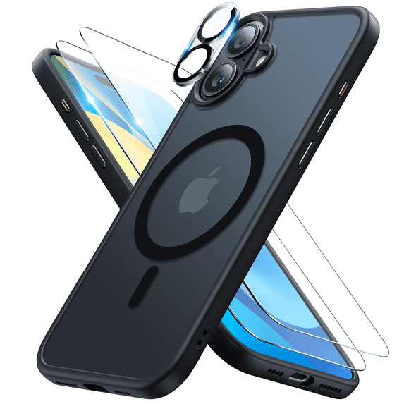 Meifigno Magnetic Case for iPhone 16 (6.1 Inch), with 2 Pack Screen Protectors and 1 Pack Camera Cover, Black