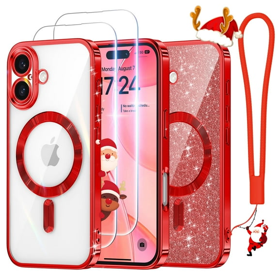Meifigno Magnetic Case for iPhone 16 Plus 6.7", with 2X Screen Protectors, with Glitter Card & Wrist Strap, Red