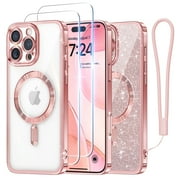 Meifigno Magnetic Case for iPhone 16 Pro 6.3 inch, with 2X Screen Protector, with Glitter Card & Wrist Strap, Rose Gold