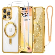 Meifigno Magnetic Case for iPhone 16 Pro Max 6.9 inch, with 2X Screen Protector, with Glitter Card & Wrist Strap, Gold