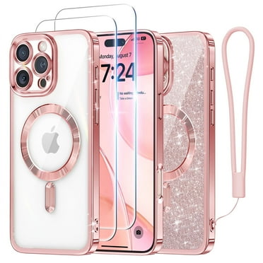 Meifigno Magnetic Case for iPhone 16 Pro Max 6.9 inch, with 2X Screen Protector, with Glitter Card & Wrist Strap,Rose Gold