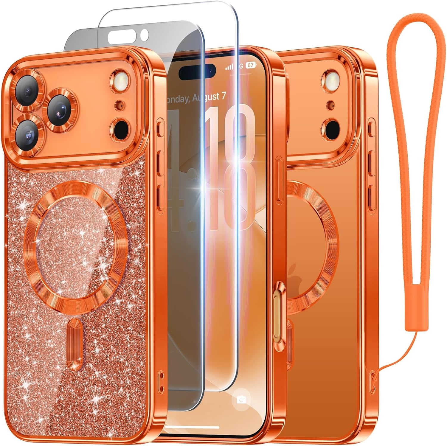 Meifigno for iPhone 17 Pro Max Case 6.9", [Glitter Card & Wrist Strap] [Compatible with MagSafe] [1HD+1X Privacy Screen Protectors] Surround Raised Lens Protection 17 ProMax Case, Cosmic Orange