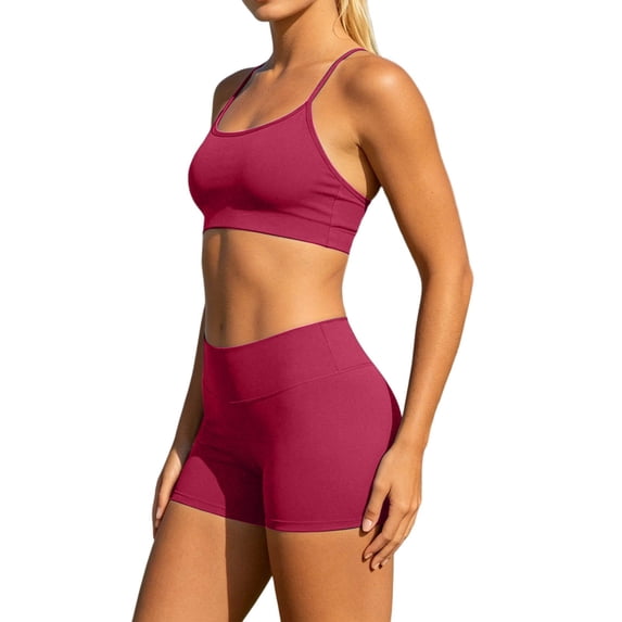 Meih Women 2 Pieces Workout Sets Padded Spaghetti Straps Yoga Cami Tops Mid Waist Elastic Waist Shorts Ladies Running Gym Fitness Sets 0713LiWatermelon Red XXL